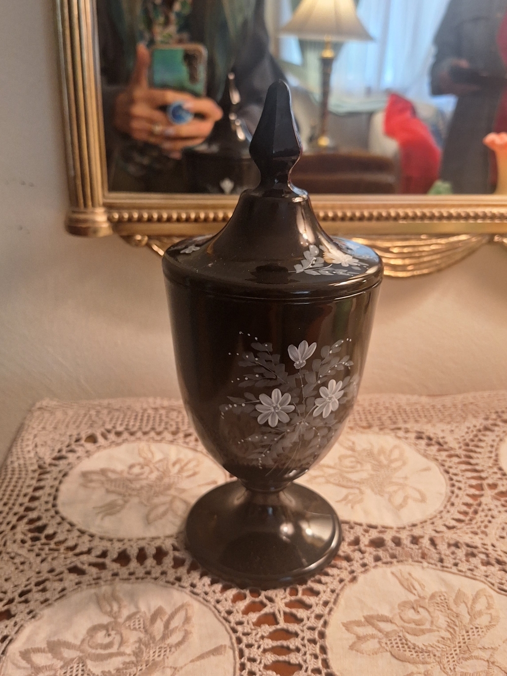 SIGNED VINTAGE FENTON Black  Decorative Covered Urn with White Floral Accents